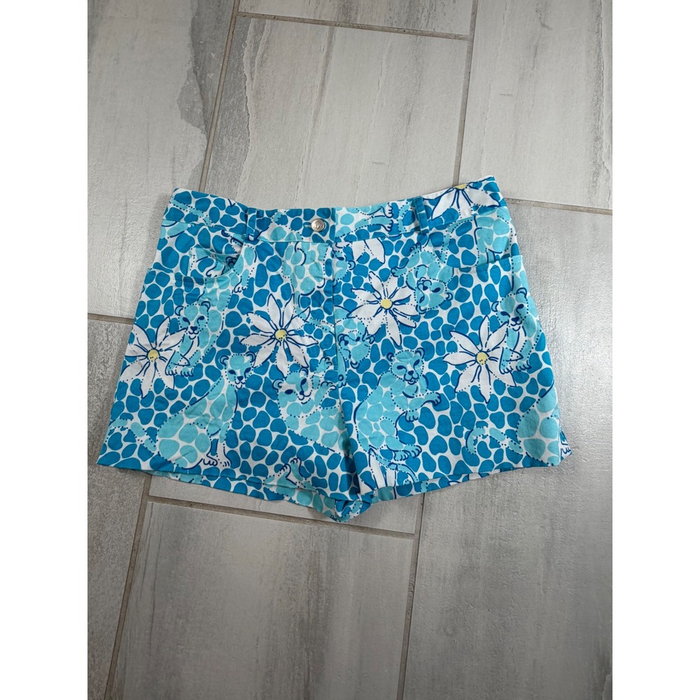 Lilly Pulitzer Blue White Floral Animal Print Shorts Size 8 Cheetah Pebble